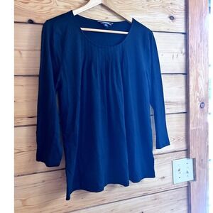 Lands End Navy Blue Pleated Front Scoop Neck 3/4 Sleeve Knit Top Medium 10-12